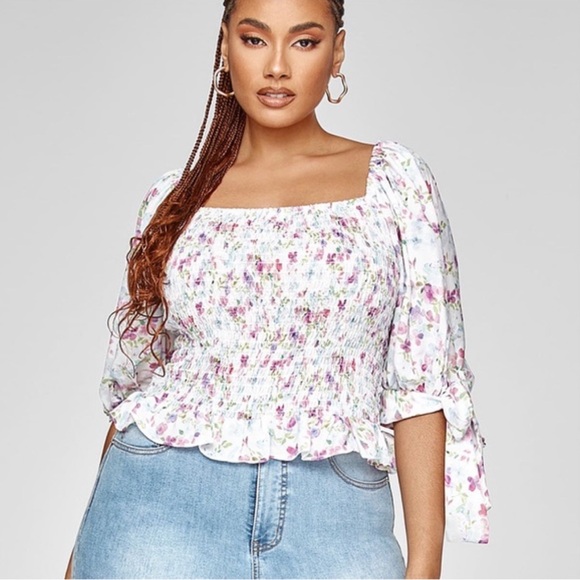 Fashion to Figure Tops - Fashion To Figure White,pink,blue,purple & green Floral Top w/tie sleeves
